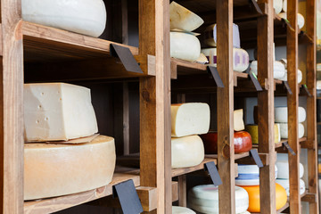 Fototapeta na wymiar Cheese shop shelves, large cheese assortment