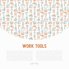 Fototapeta na wymiar Work tools concept with thin line icons: puncher, drill, wrench, plane, toolbox, wheelbarrow, saw, pliers, sawing machine. Modern vector illustration of building equipment for web page or print media.