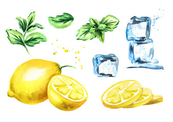 Ice cubes, lemon and mint leaves isolated on white background set. Watercolor hand drawn illustration © dariaustiugova
