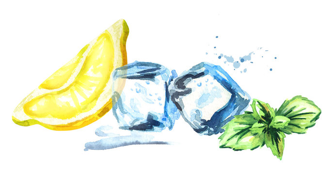 Ice cubes, lemon and mint leaves isolated on white background. Watercolor hand drawn horizontal illustration