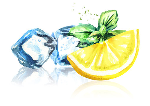 Ice cubes, lemon and mint leaves isolated on white background. Watercolor hand drawn illustration