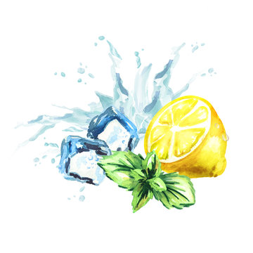Ice cubes, mint leaves, water splash and lemon isolated on a white background.. Watercolor hand drawn illustration