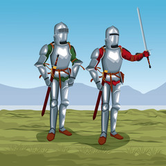 Naklejka premium Medieval warriors on battlefield icon vector illustratio ngraphic design