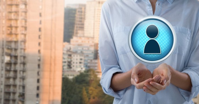 Profile contact icon and Businesswoman with hands palm open in