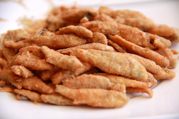 Crispy small fish and chili sauce.