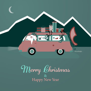Christmas time. Santa Claus in mini van with gifts on the roof. Text : Merry Christmas & Happy New Year