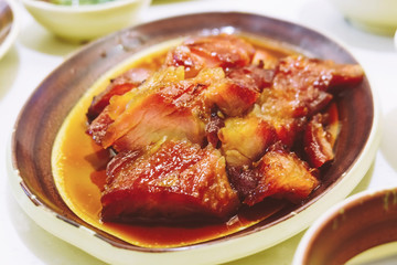 Roast pork on a plate served in restaurant