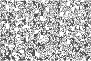 Illustration of large crowd demonstration from high angle view with blank signs in black and white