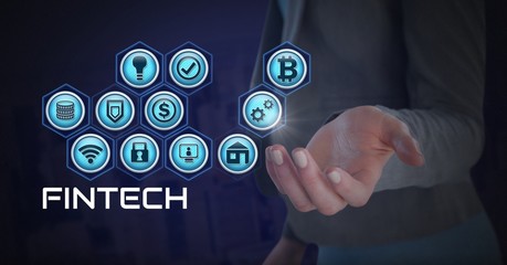 Businesswoman with hands palm open and Fintech with various