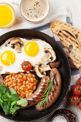 English breakfast. Fried eggs, sausages, bacon