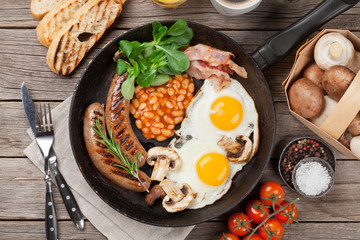 English breakfast. Fried eggs, sausages, bacon