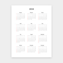 Simple clean 2018 calendar vector template