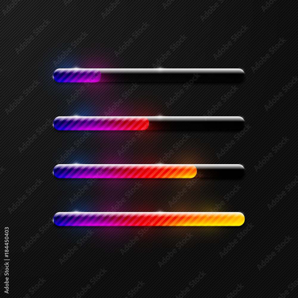 Poster creative colorful shiny transparent striped preloader progress bar design element set on dark black 