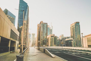 Naklejka na ściany i meble Dubai. The waterfront of Dubai Marina in the early morning. Toning instagram. 