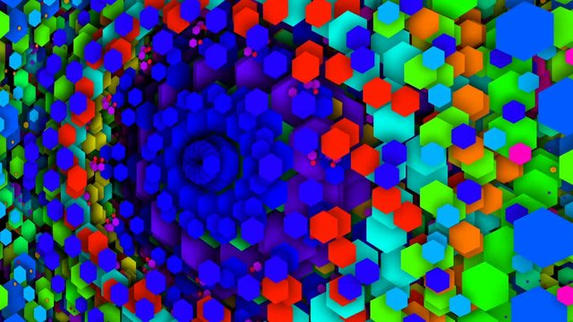 hole that lets out hexagons at an angle. Pulsating patterns that change color. VJ background.
