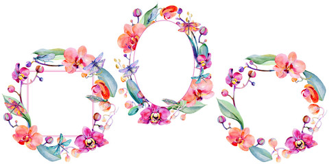 Wildflower orchid flower wreath in a watercolor style. Full name of the plant: orchid. Aquarelle wild flower for background, texture, wrapper pattern, frame or border.
