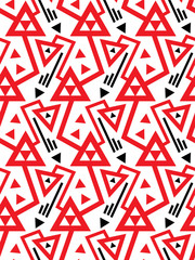 Vector geometric seamless pattern with lines and doubled red triangles in black and white.