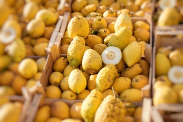 Close up of a wooden box full of big yellow cedar at the fruit market of Palermo, Sicily, Italy