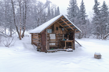 Лесная избушка зимой.