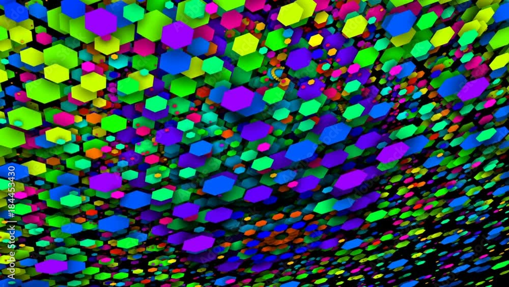 Poster flying hexahedrons. overall plan. pulsating patterns that change color. vj background.