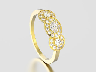 3D illustration yellow gold three stone solitaire engagement ring