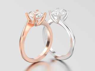 3D illustration two rose and white gold or silver  engagement illusion twisted rings with diamonds