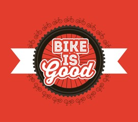 Fototapeta na wymiar bike is good bicycles wheel ribbon banner red background vector illustration