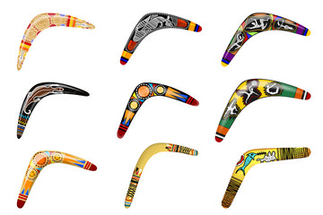 Set of native boomerangs. Primitive weapon boomerang on a white background. Vector illustration - obrazy, fototapety, plakaty
