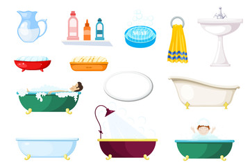 Set of items for the bathroom. Various baths and hygiene items on a white background. Vector illustration