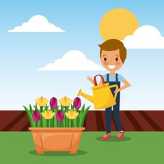 cute boy watering can potted flowers decoration in garden vector illustration