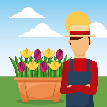 gardener with arms folded in the garden with flowers vector illustration