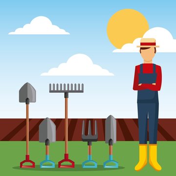 gardener with garden tools and plowing field vector illustration
