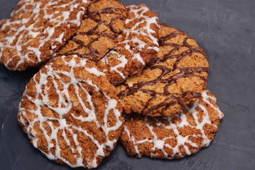 Cookies with Chocolate Chips on Gray Background. Close Up.