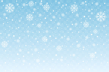 Naklejka na ściany i meble Falling snow with stylized snowflakes isolated on blue transparent background. Christmas and New Year decoration. Vector illustration