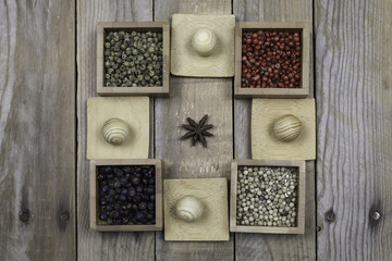 Several peppers, juniper and star anise on small wooden square bowls
