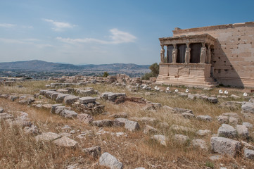 The Caryatides in the Erechtheion part of Erechtheum at Acropolis of Athens. This temple was completed 406 BC and dedicated to Athena and Poseidon.