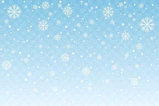 Falling snow with stylized snowflakes isolated on blue transparent background. Christmas and New Year decoration. Vector illustration