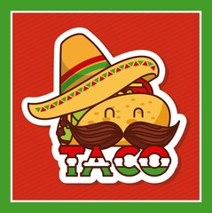 taco with mustache and hat cartoon menu poster vector illustration