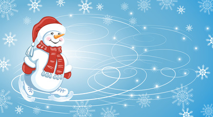 Christmas card with  Snowman in Santa cap and in skates on skating rink