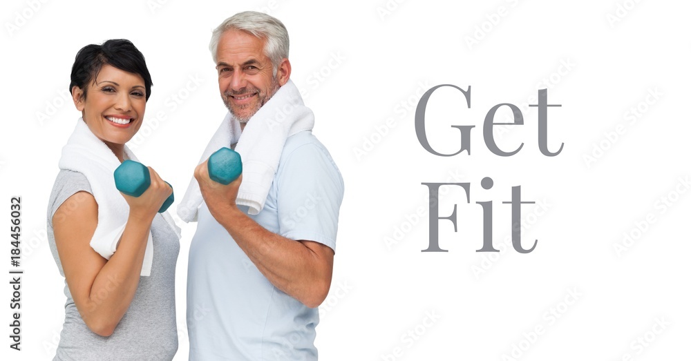 Wall mural get fit text and couple lifting weights