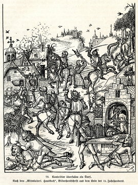 Robber barons attacking the village in the 15th century (from Spamers Illustrierte Weltgeschichte, 1894, 5[1], 147)