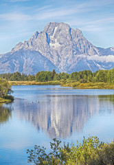 Mount Moran reflected in the water, Oxbow view point, Grand Teton National Park, USA
