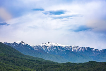 Fototapeta premium The mountain range of the Caucasus with a snowy peak in the spring with a bright green forest. Mountain valley on the way to Krasnaya Polyana from Adler, Sochi, Russia.