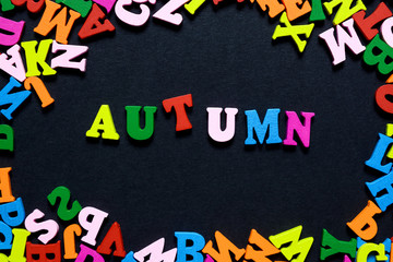 concept design - the word AUTUMN from multi-colored wooden letters on a black background, creative idea