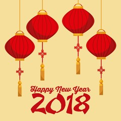 happy new year 2018 chinese calendar card with lanterns hanging vector illustration