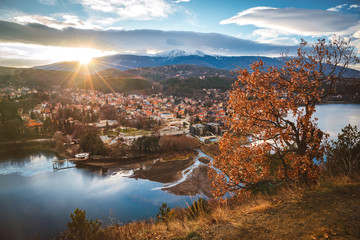 Beautiful sunset near Sofia, Bulgaria - Pancharevo lake and autumn trees - obrazy, fototapety, plakaty