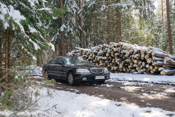 Black big car in the winter snow forest, sunny day