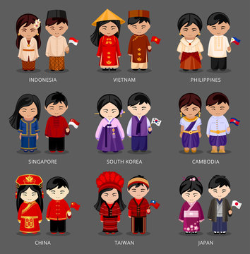 Set of asian pairs dressed in different national costumes. Woman and man with flag. Indonesia, Vietnam, the Philippines, Singapore, Korea, Cambodia, China, Taiwan, Japan. Vector illustration.