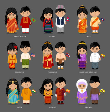 People in national dress. Burma (Myanmar), Brunei, Bhutan, Bangladesh, India, Nepal, Thailand, Malaysia, Laos. Set of asian pairs dressed in traditional costume. National clothes. Vector illustration.