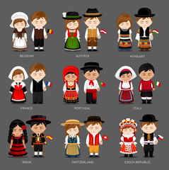 People in national dress. Belgium, Austria, Hungary, France, Portugal, Italy, Spain, Switzerland, Czech Republic. Set of european pairs dressed in traditional costume. National clothes.